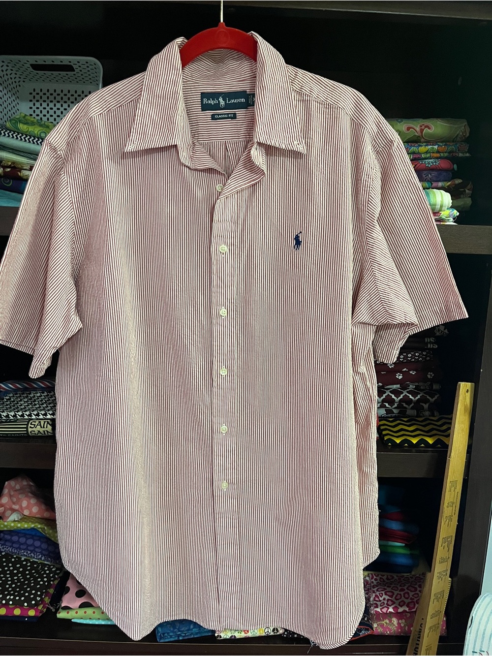 Ralph Lauren Red and White Striped Short-Sleeve Button-Down Shirt